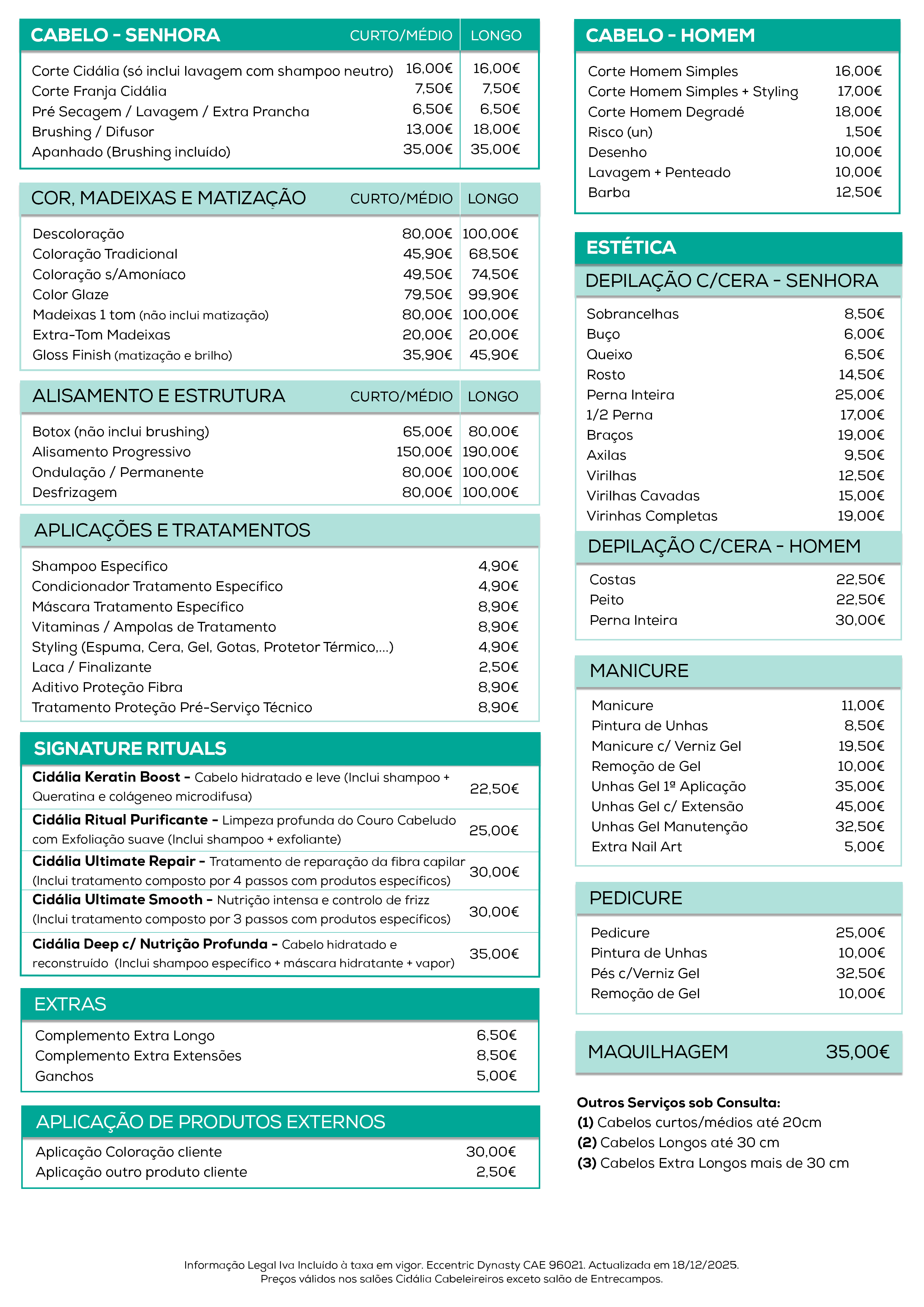 Tabela de pre�os Cid�lia Cabeleireiros